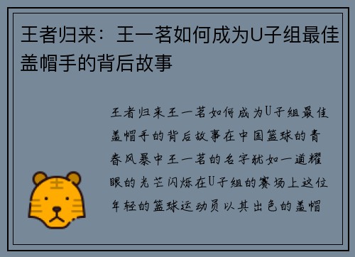 王者归来：王一茗如何成为U子组最佳盖帽手的背后故事