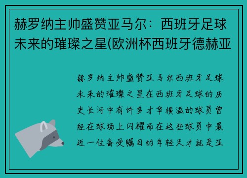 赫罗纳主帅盛赞亚马尔：西班牙足球未来的璀璨之星(欧洲杯西班牙德赫亚替补)