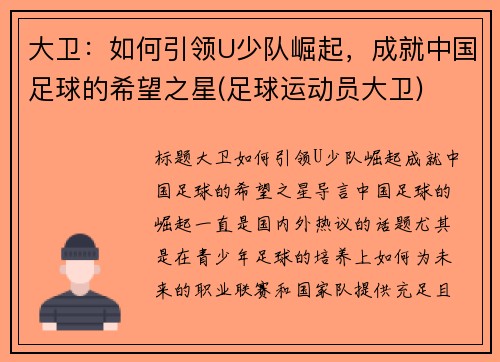 大卫：如何引领U少队崛起，成就中国足球的希望之星(足球运动员大卫)