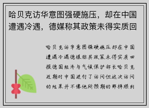哈贝克访华意图强硬施压，却在中国遭遇冷遇，德媒称其政策未得实质回报