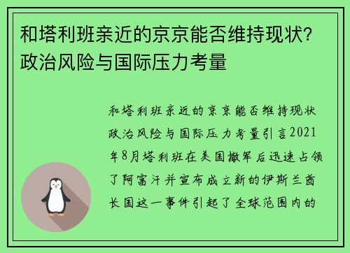 和塔利班亲近的京京能否维持现状？政治风险与国际压力考量