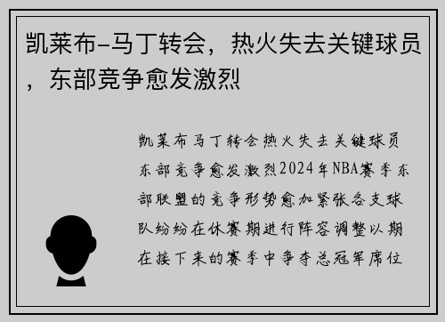 凯莱布-马丁转会，热火失去关键球员，东部竞争愈发激烈