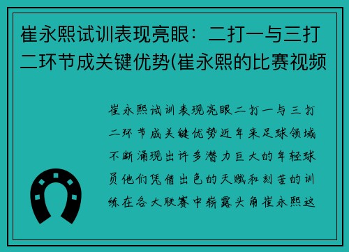 崔永熙试训表现亮眼：二打一与三打二环节成关键优势(崔永熙的比赛视频)