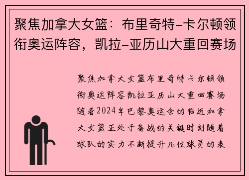 聚焦加拿大女篮：布里奇特-卡尔顿领衔奥运阵容，凯拉-亚历山大重回赛场