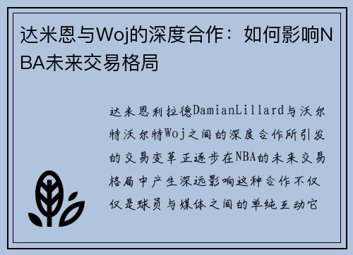 达米恩与Woj的深度合作：如何影响NBA未来交易格局