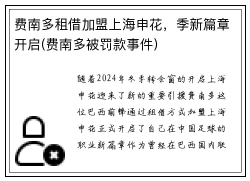 费南多租借加盟上海申花，季新篇章开启(费南多被罚款事件)