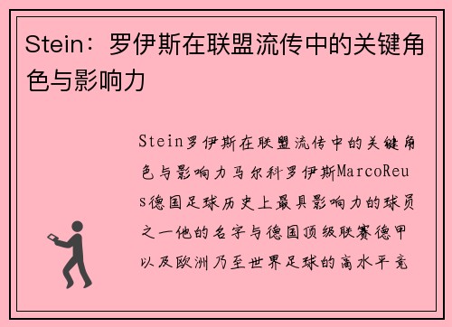 Stein：罗伊斯在联盟流传中的关键角色与影响力