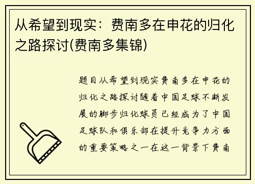 从希望到现实：费南多在申花的归化之路探讨(费南多集锦)