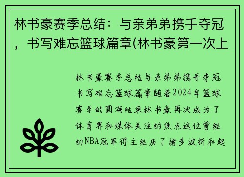 林书豪赛季总结：与亲弟弟携手夺冠，书写难忘篮球篇章(林书豪第一次上场爆发)