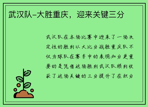 武汉队-大胜重庆，迎来关键三分