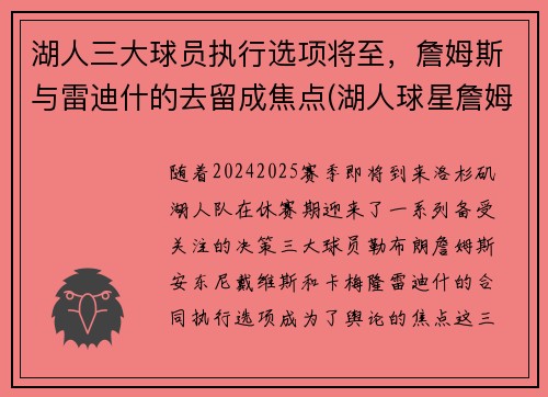 湖人三大球员执行选项将至，詹姆斯与雷迪什的去留成焦点(湖人球星詹姆斯)